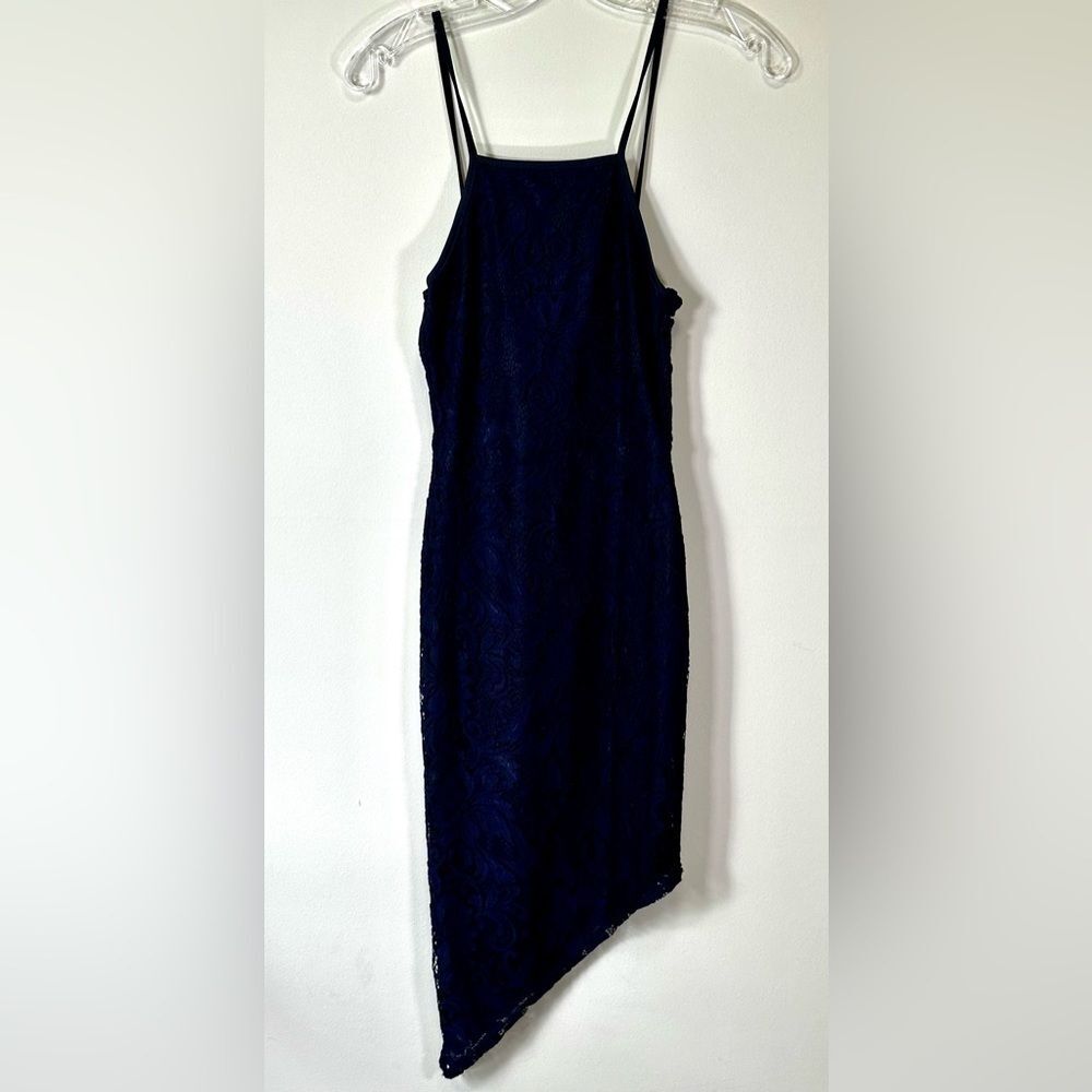 Missguided Women’s Strappy Asymmetrical Hem Bodycon Lace Dress Navy